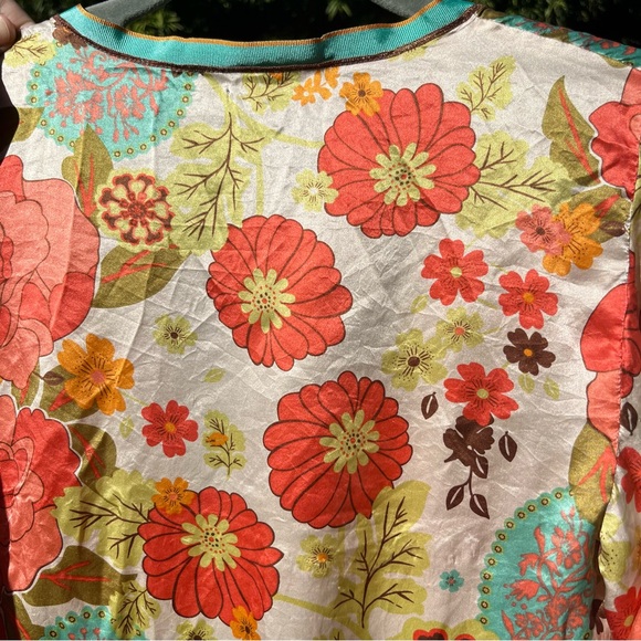 CAbi Silk Babydoll Kimono Vibrant Boho Front Tie Floral and Stripe Blouse S - Picture 9 of 14